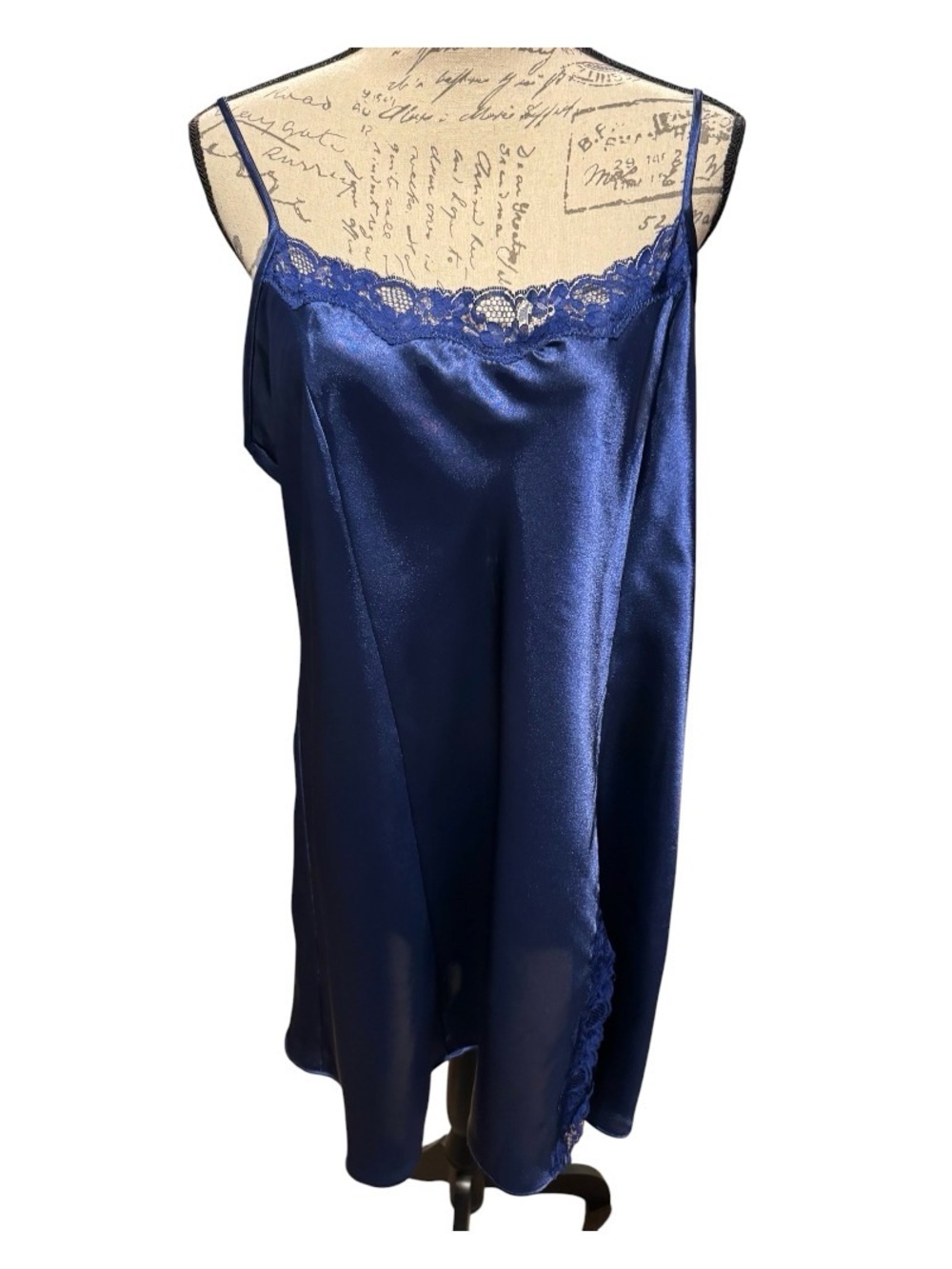 Expressions 2000's Vintage Satin Mini Slip Nightgown Lace Trim Navy Blue Size XL